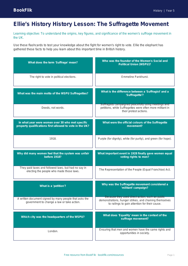 Free Suffragettes Flashcards | Year 5 | History | BookFlik worksheet preview — History Suffragettes