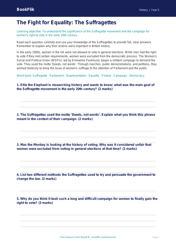 Free Suffragettes Worksheet | Year 5 | History | BookFlik worksheet preview — History Suffragettes