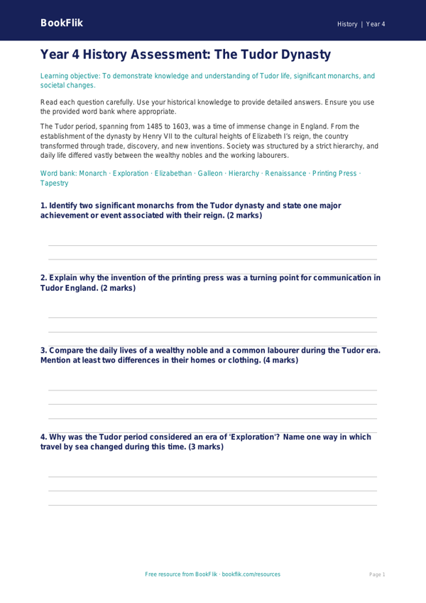 Free Tudors Assessment | Year 4 | History | BookFlik worksheet preview — History Tudors