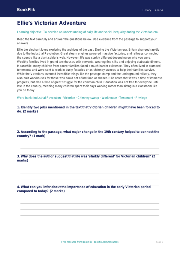 History victorians comprehension year 4 greater depth worksheet preview — History Victorians