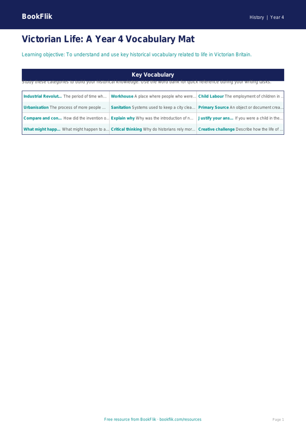 History victorians word mat year 4 greater depth worksheet preview — History Victorians