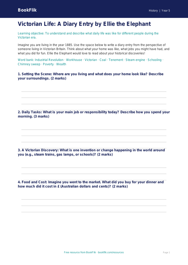Free Victorians Template | Year 5 | History | BookFlik worksheet preview — History Victorians