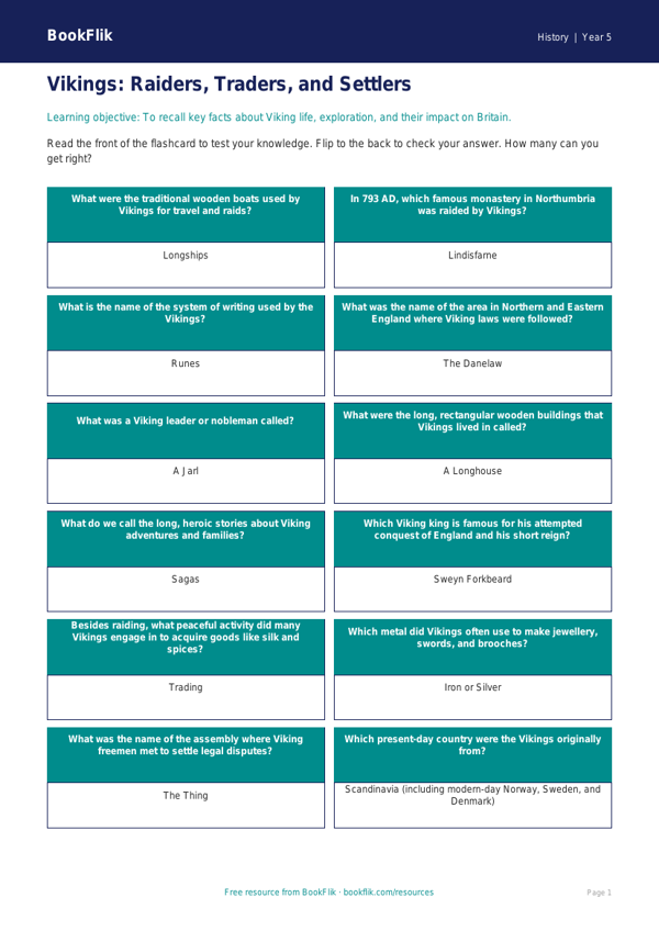 Free Vikings Flashcards | Year 5 History | BookFlik worksheet preview — History Vikings