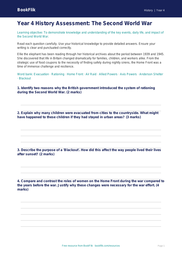 Free WW2 Assessment | Year 4 | History | BookFlik worksheet preview — History Ww2