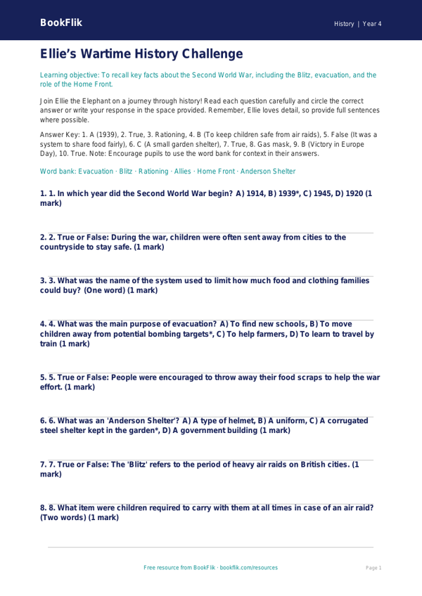 Free WWII Quiz | Year 4 | History | BookFlik worksheet preview — History Ww2