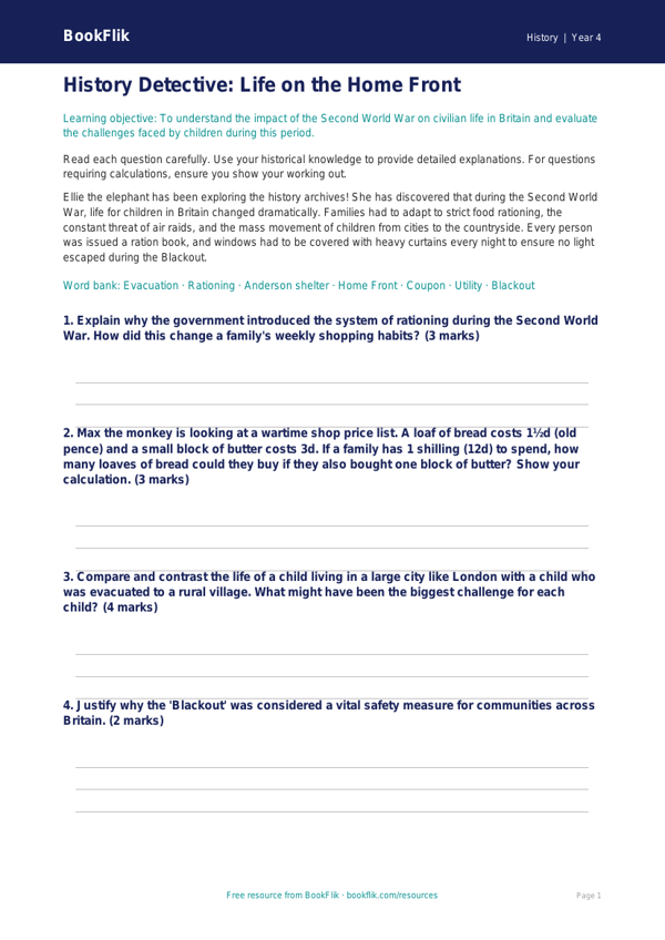 WW2 Worksheet Year 4 | History | Australian Curriculum | BookFlik worksheet preview — History Ww2