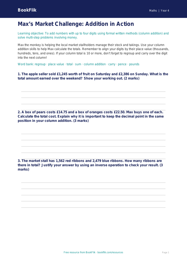 Free Addition Activity Sheet | Year 4 | Maths | BookFlik worksheet preview — Maths Addition