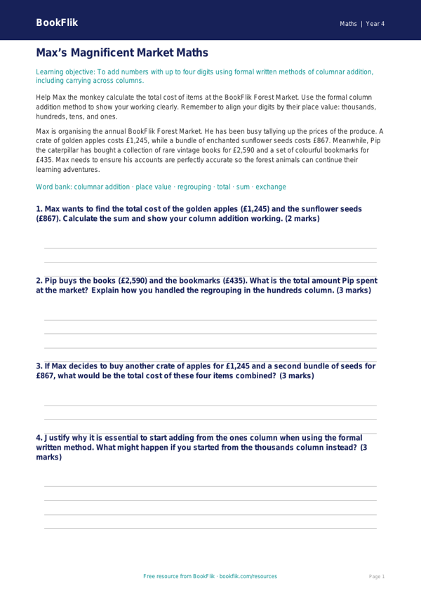 Advanced Addition Challenge Sheet | Year 4 | Maths | BookFlik worksheet preview — Maths Addition