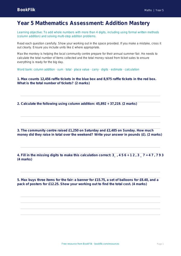Free Addition Assessment | Year 5 Maths | Australian Curriculum worksheet preview — Maths Addition