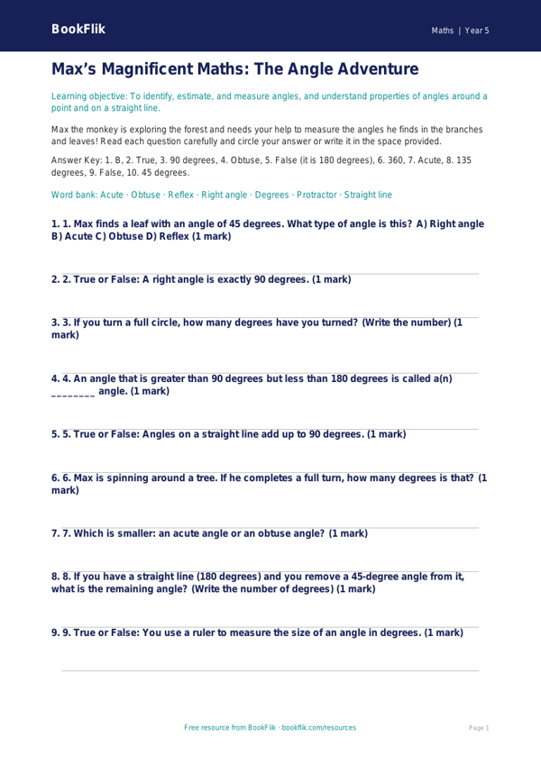 Free Angles Quiz | Year 5 | Maths | BookFlik worksheet preview — Maths Angles
