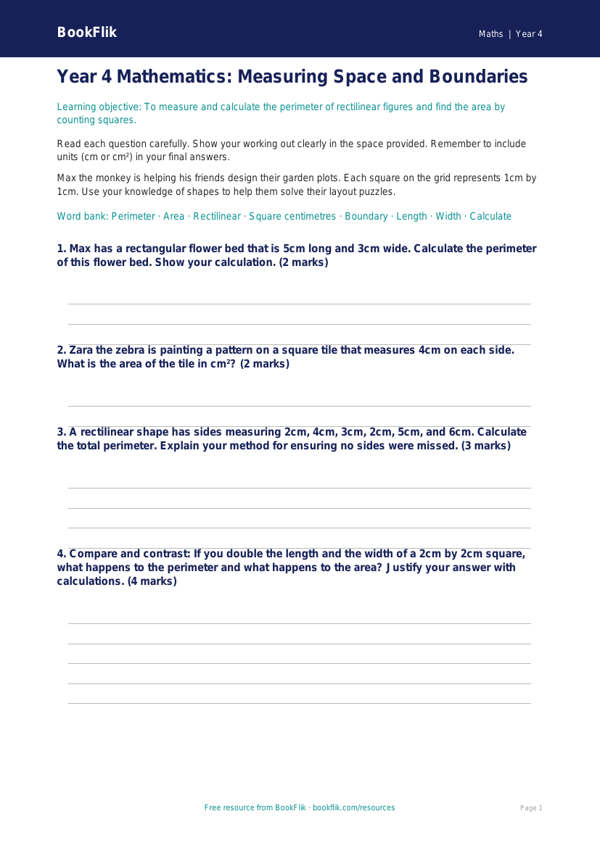 Free Area And Perimeter Assessment | Year 4 | Maths | BookFlik worksheet preview — Maths Area And Perimeter