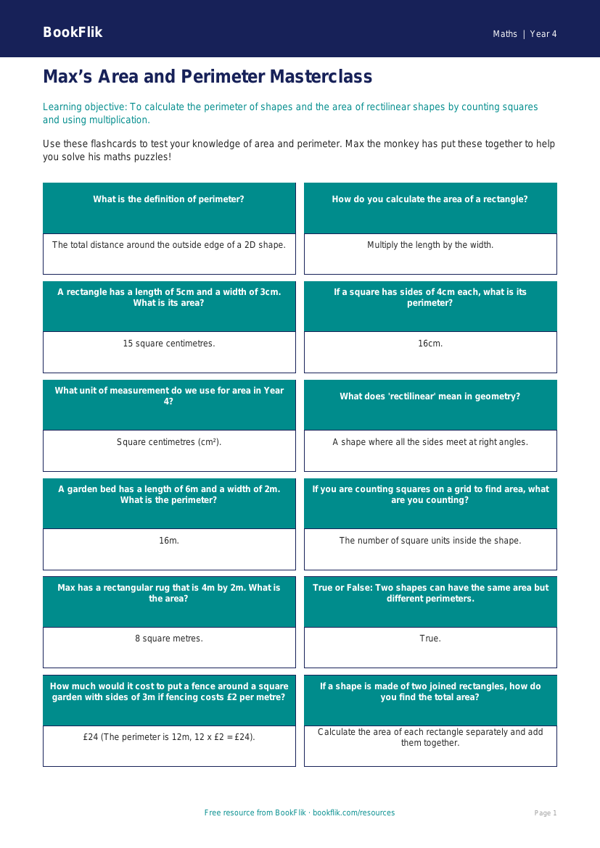 Free Area And Perimeter Flashcards | Year 4 | Maths | BookFlik worksheet preview — Maths Area And Perimeter