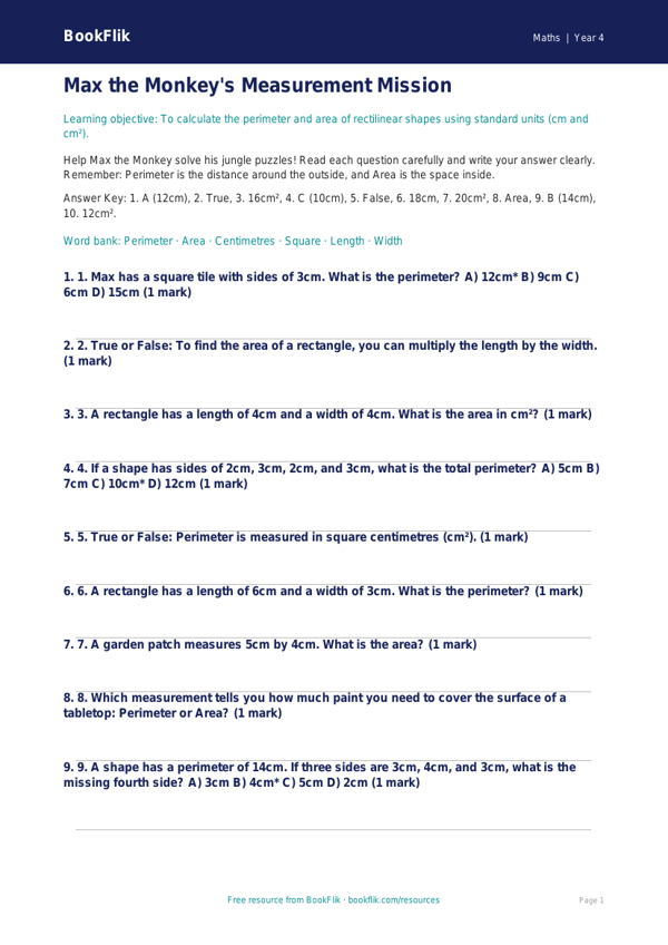 Free Area And Perimeter Quiz | Year 4 | Maths | BookFlik worksheet preview — Maths Area And Perimeter