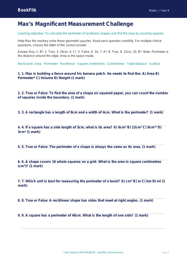Free Area And Perimeter Quiz | Year 4 | Maths | BookFlik worksheet preview — Maths Area And Perimeter