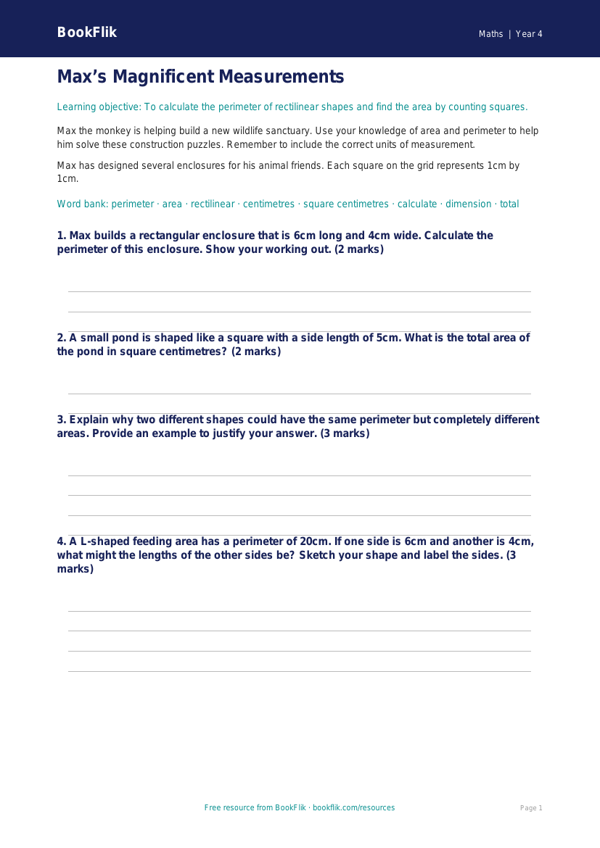 Free Area And Perimeter Worksheet | Year 4 | Maths | BookFlik worksheet preview — Maths Area And Perimeter