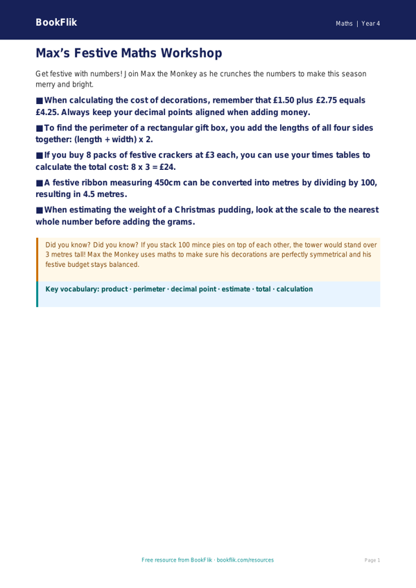 Free Christmas Maths Poster | Year 4 | Maths | BookFlik worksheet preview — Maths Christmas Maths