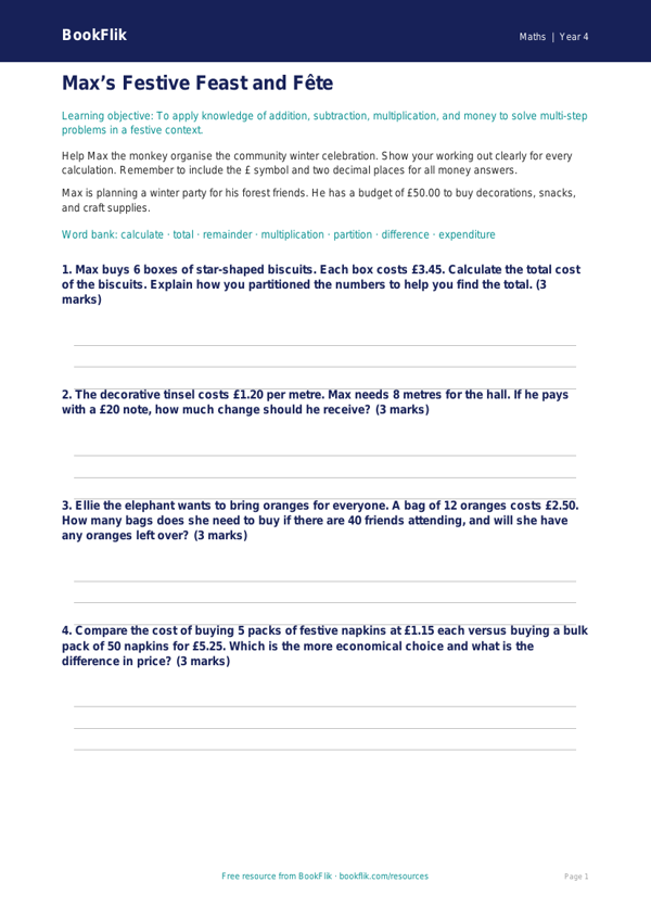 Maths christmas maths worksheet year 4 greater depth worksheet preview — Maths Christmas Maths
