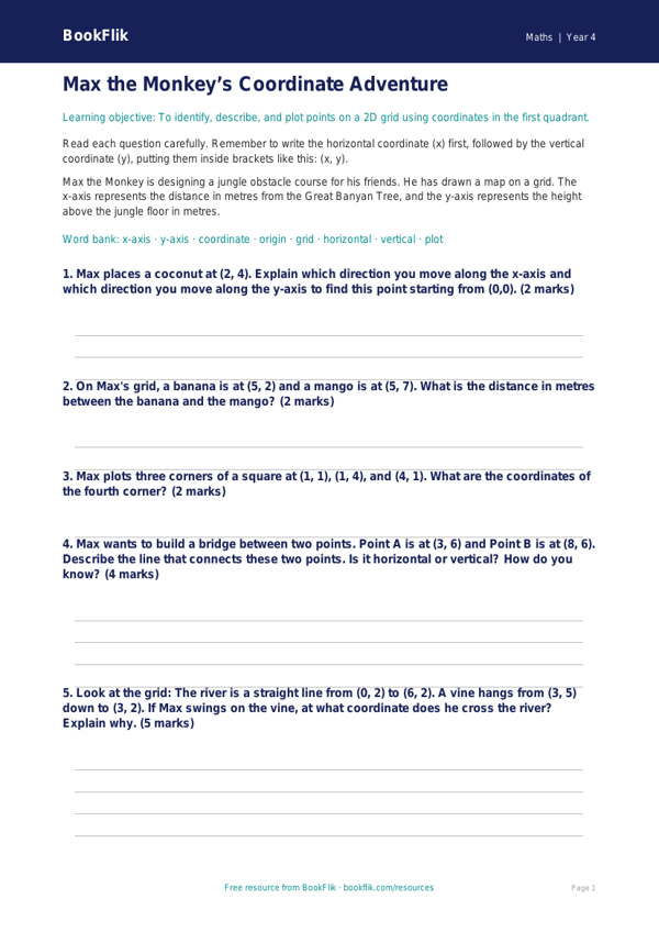 Free Coordinates Assessment | Year 4 | Maths | BookFlik worksheet preview — Maths Coordinates
