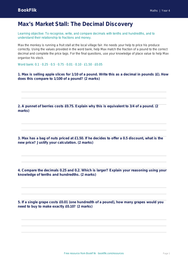 Free Decimals Activity Sheet | Year 4 | Maths | BookFlik worksheet preview — Maths Decimals