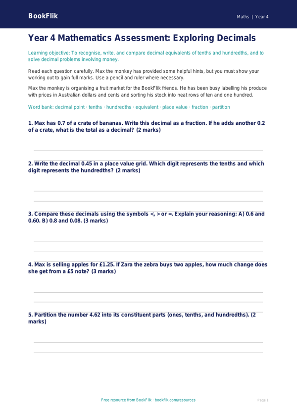 Free Decimals Assessment | Year 4 | Maths | BookFlik worksheet preview — Maths Decimals