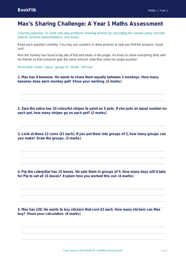 Free Division Assessment | Year 1 | Maths | BookFlik worksheet preview — Maths Division
