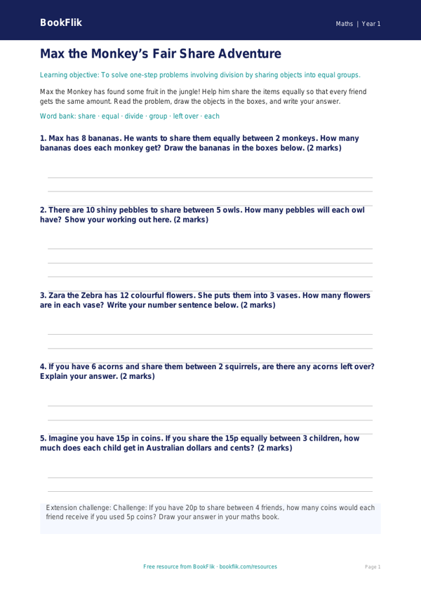 Free Division Template | Year 1 | Maths | BookFlik worksheet preview — Maths Division