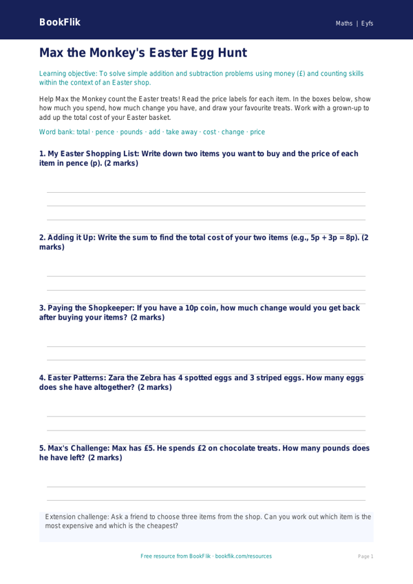 Free Easter Maths Template | Foundation | Maths | BookFlik worksheet preview — Maths Easter Maths