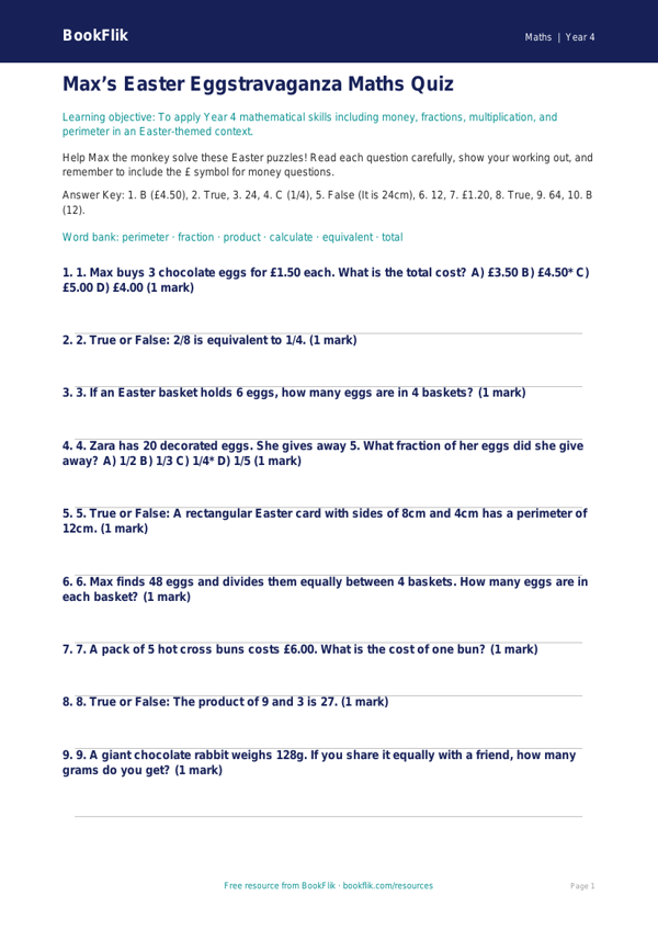 Free Easter Maths Quiz | Year 4 | Maths | BookFlik worksheet preview — Maths Easter Maths