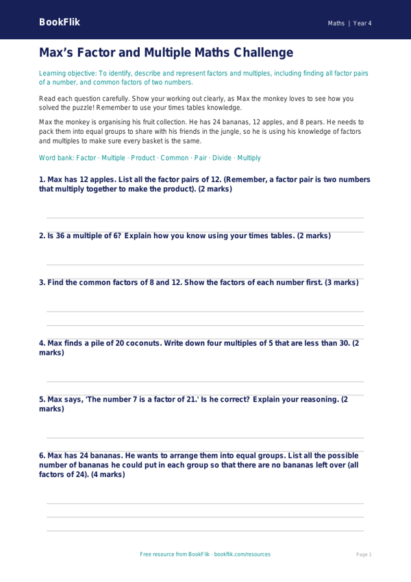 Free Factors And Multiples Assessment | Year 4 | Maths | BookFlik worksheet preview — Maths Factors And Multiples