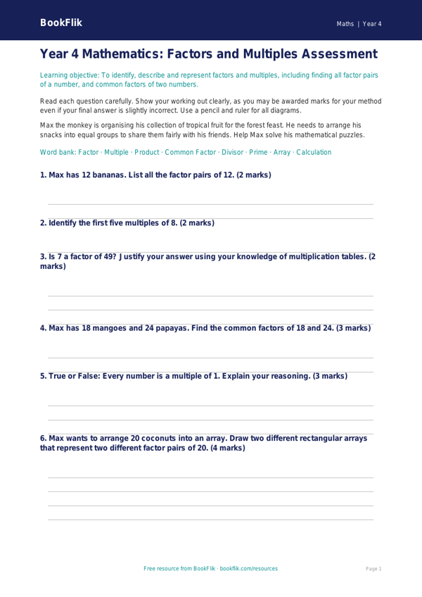 Free Factors And Multiples Assessment | Year 4 | Maths | BookFlik worksheet preview — Maths Factors And Multiples