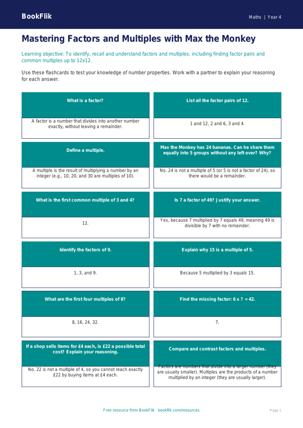 Free Factors And Multiples Flashcards | Year 4 | Maths | BookFlik worksheet preview โ Maths Factors And Multiples