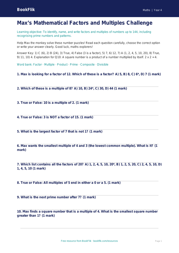 Free Factors And Multiples Quiz | Year 4 | Maths | BookFlik worksheet preview — Maths Factors And Multiples