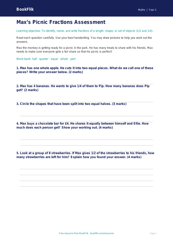 Free Fractions Assessment | Year 1 | Maths | BookFlik worksheet preview — Maths Fractions