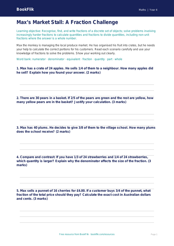 Maths fractions activity sheet year 4 greater depth worksheet preview — Maths Fractions