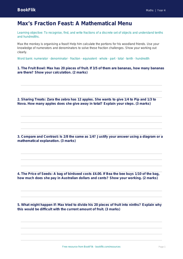 Free Fractions Template | Year 4 | Maths | BookFlik worksheet preview — Maths Fractions