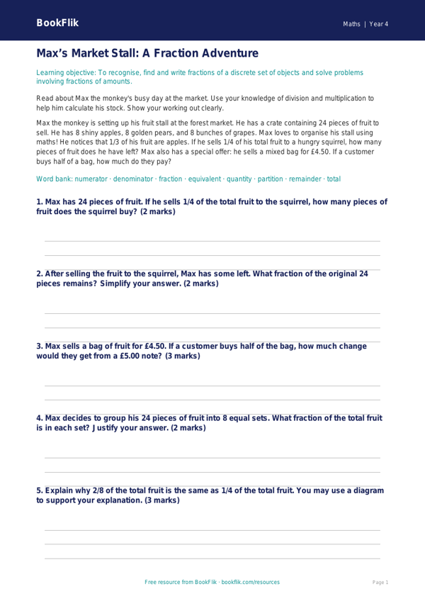 Free Fractions Track Sheet | Year 4 | Maths | BookFlik worksheet preview — Maths Fractions