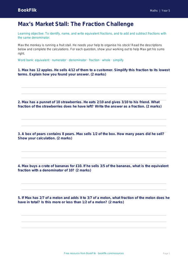 Maths fractions activity sheet year 5 core worksheet preview — Maths Fractions