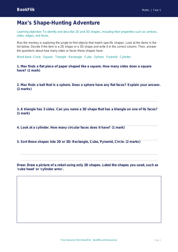 Free Geometry Activity Sheet | Year 1 | Maths | BookFlik worksheet preview — Maths Geometry