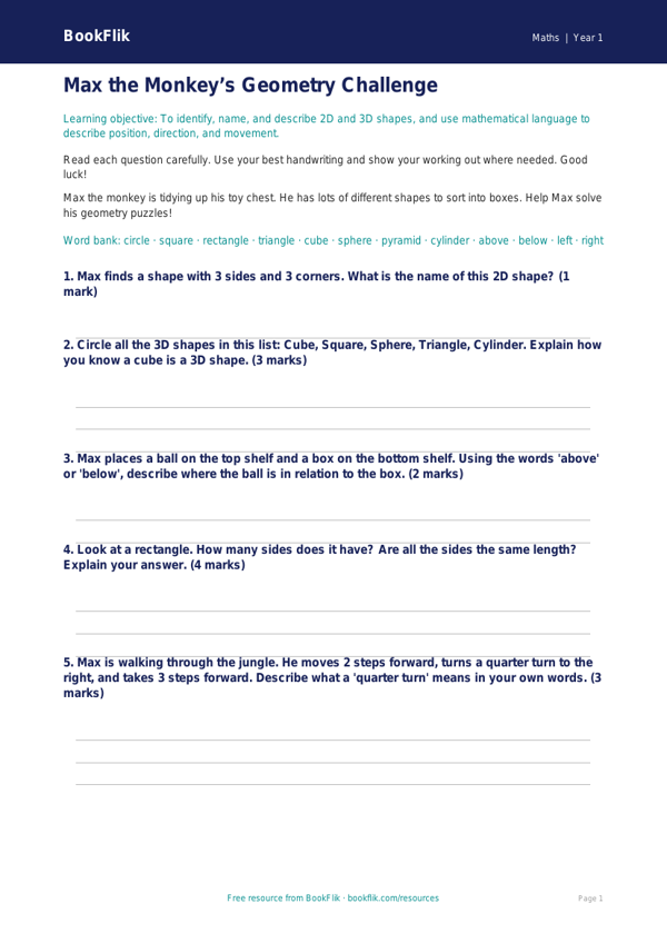 Free Geometry Assessment | Year 1 | Maths | BookFlik worksheet preview — Maths Geometry
