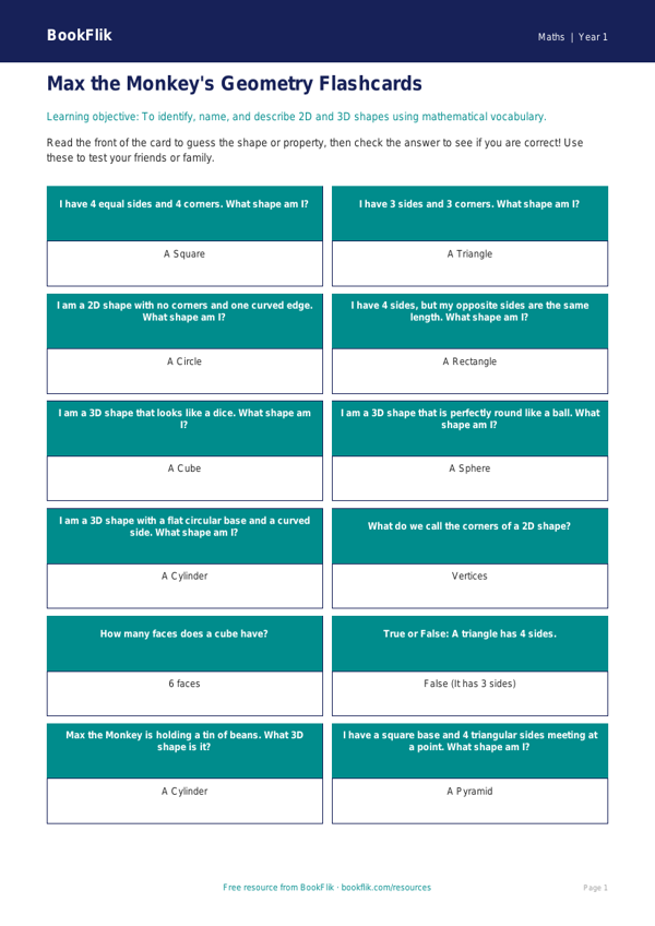 Free Geometry Flashcards | Year 1 | Maths | BookFlik worksheet preview — Maths Geometry