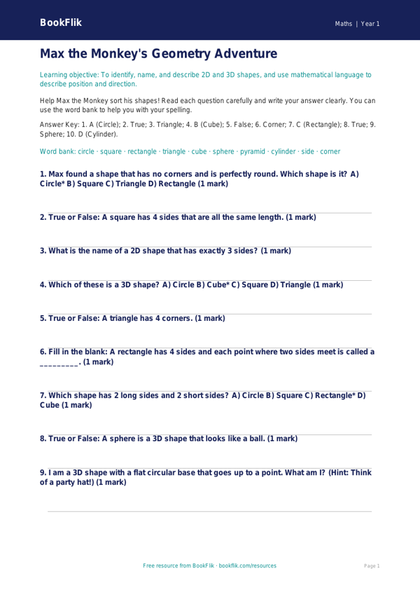 Free Geometry Quiz | Year 1 | Maths | BookFlik worksheet preview — Maths Geometry