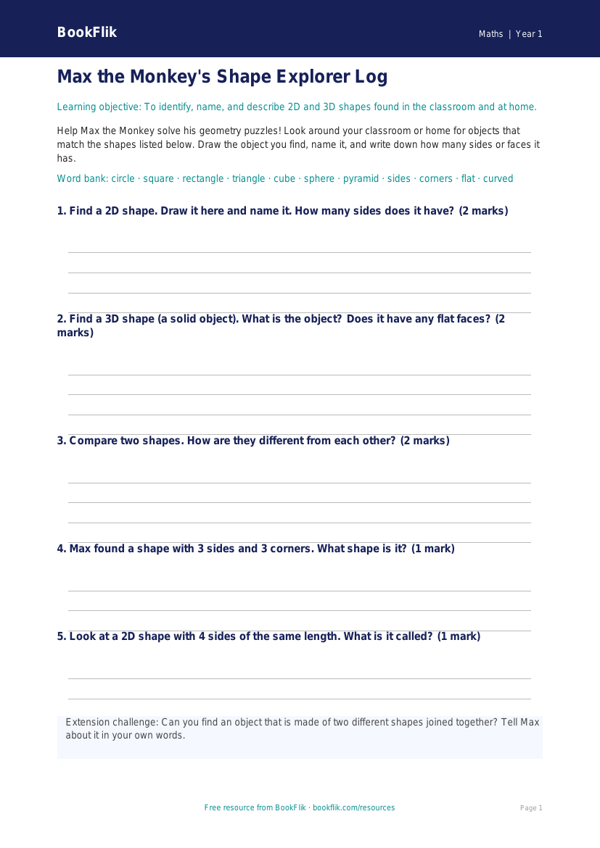Free Geometry Template | Year 1 | Maths | BookFlik worksheet preview — Maths Geometry