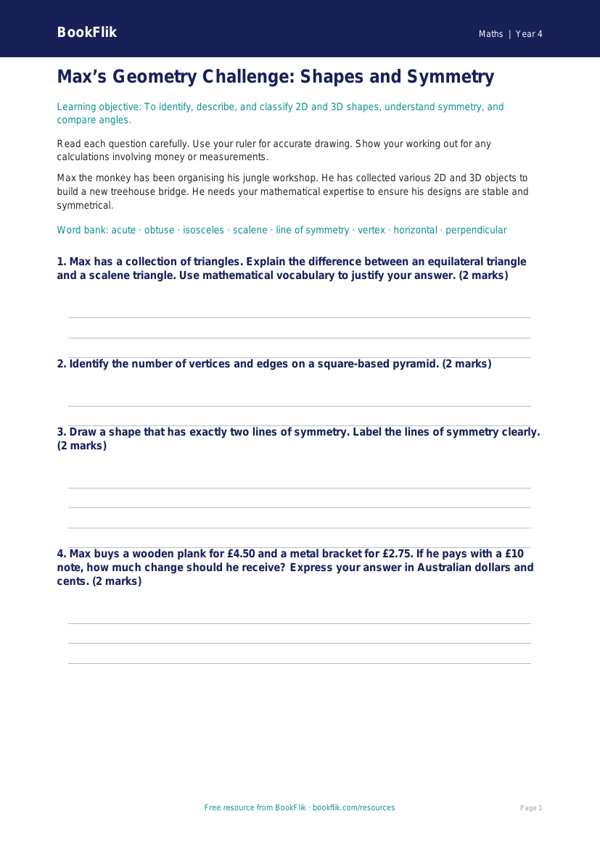 Maths geometry assessment year 4 greater depth worksheet preview — Maths Geometry