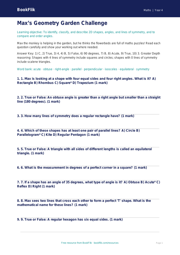 Maths geometry quiz year 4 greater depth worksheet preview — Maths Geometry