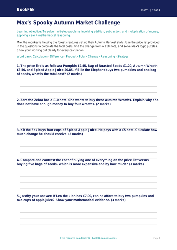 Halloween Maths Activity Sheet | Year 4 Australian Curriculum | BookFlik worksheet preview — Maths Halloween Maths