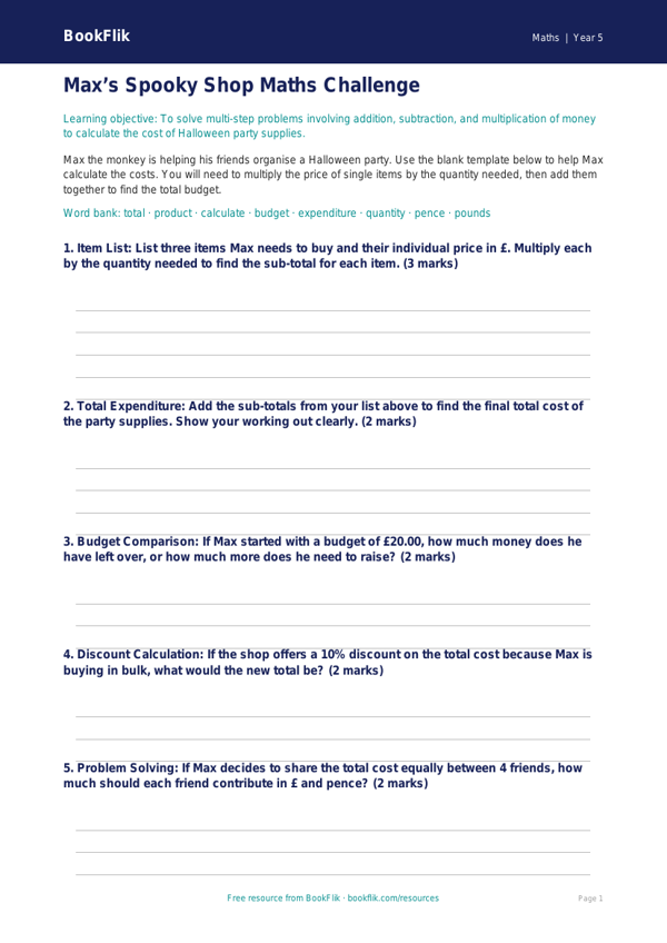 Free Halloween Maths Template | Year 5 | Maths | BookFlik worksheet preview — Maths Halloween Maths