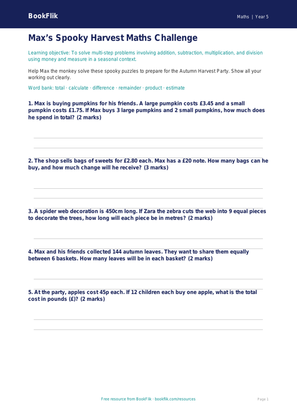 Free Halloween Maths Worksheet | Year 5 | Maths | BookFlik worksheet preview — Maths Halloween Maths