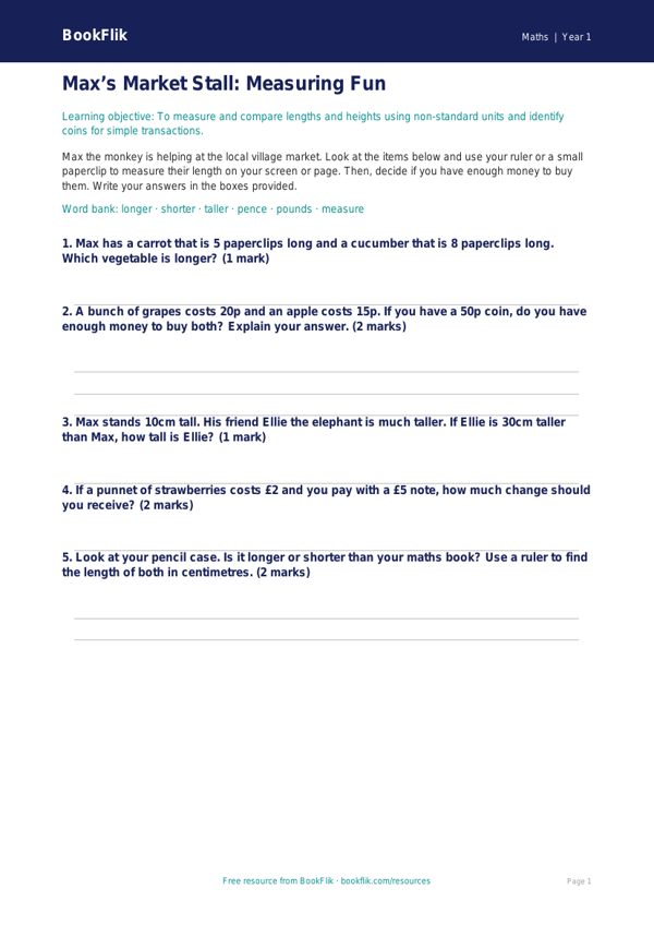 Free Measurement Activity Sheet | Year 1 | Maths | BookFlik worksheet preview — Maths Measurement