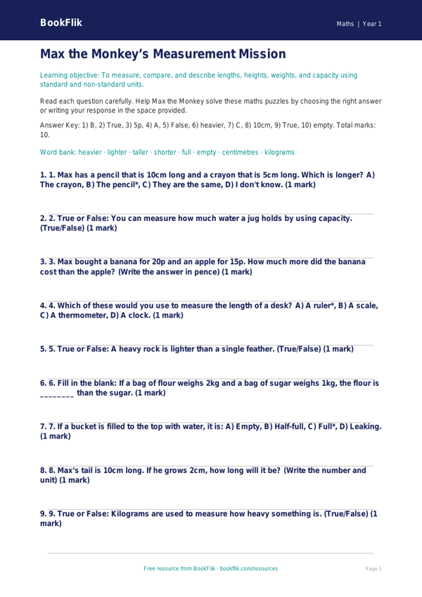Free Measurement Quiz | Year 1 | Maths | BookFlik worksheet preview — Maths Measurement