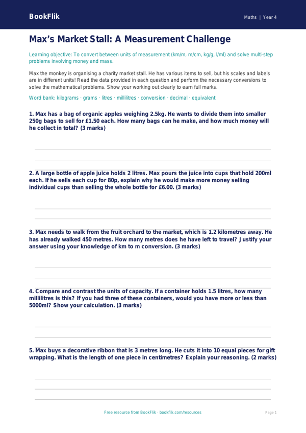 Free Measurement Activity Sheet | Year 4 | Maths | BookFlik worksheet preview — Maths Measurement